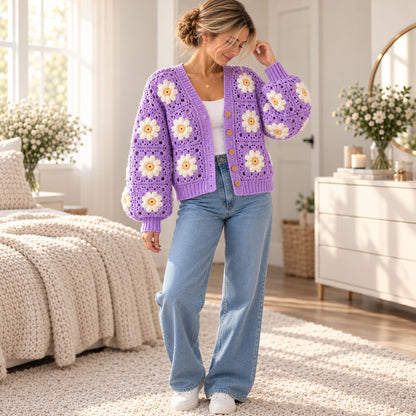 Lavender Daisy Granny Square Cardigan Crochet Pattern PDF – XS–5XL