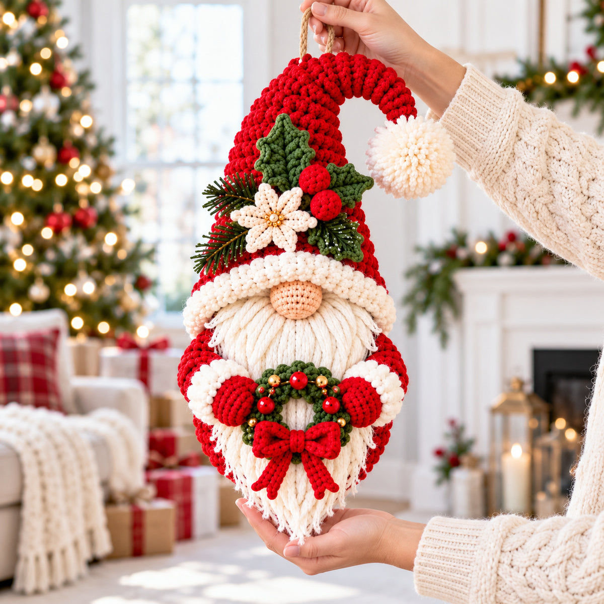 Christmas Gnome Door Hanger Crochet Pattern PDF – Mini Wreath Holiday Decor