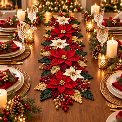 Crochet Poinsettia Table Runner Pattern PDF – Christmas Floral Centerpiece
