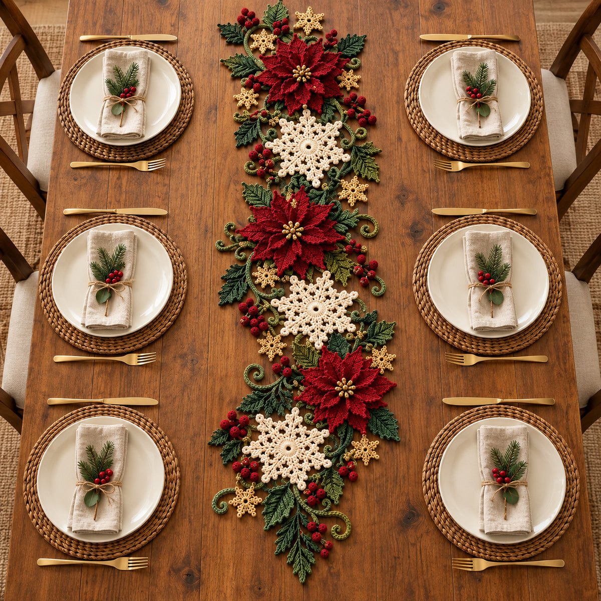 Christmas Poinsettia Snowflake Table Runner Crochet Pattern PDF – 68–72 in Holiday Centerpiece