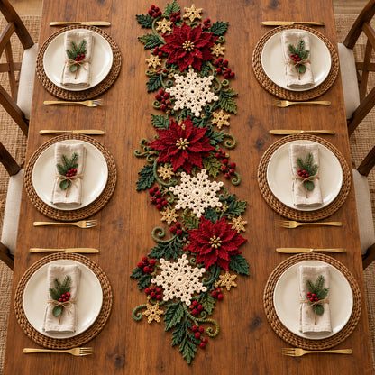 Christmas Poinsettia Snowflake Table Runner Crochet Pattern PDF – 68–72 in Holiday Centerpiece