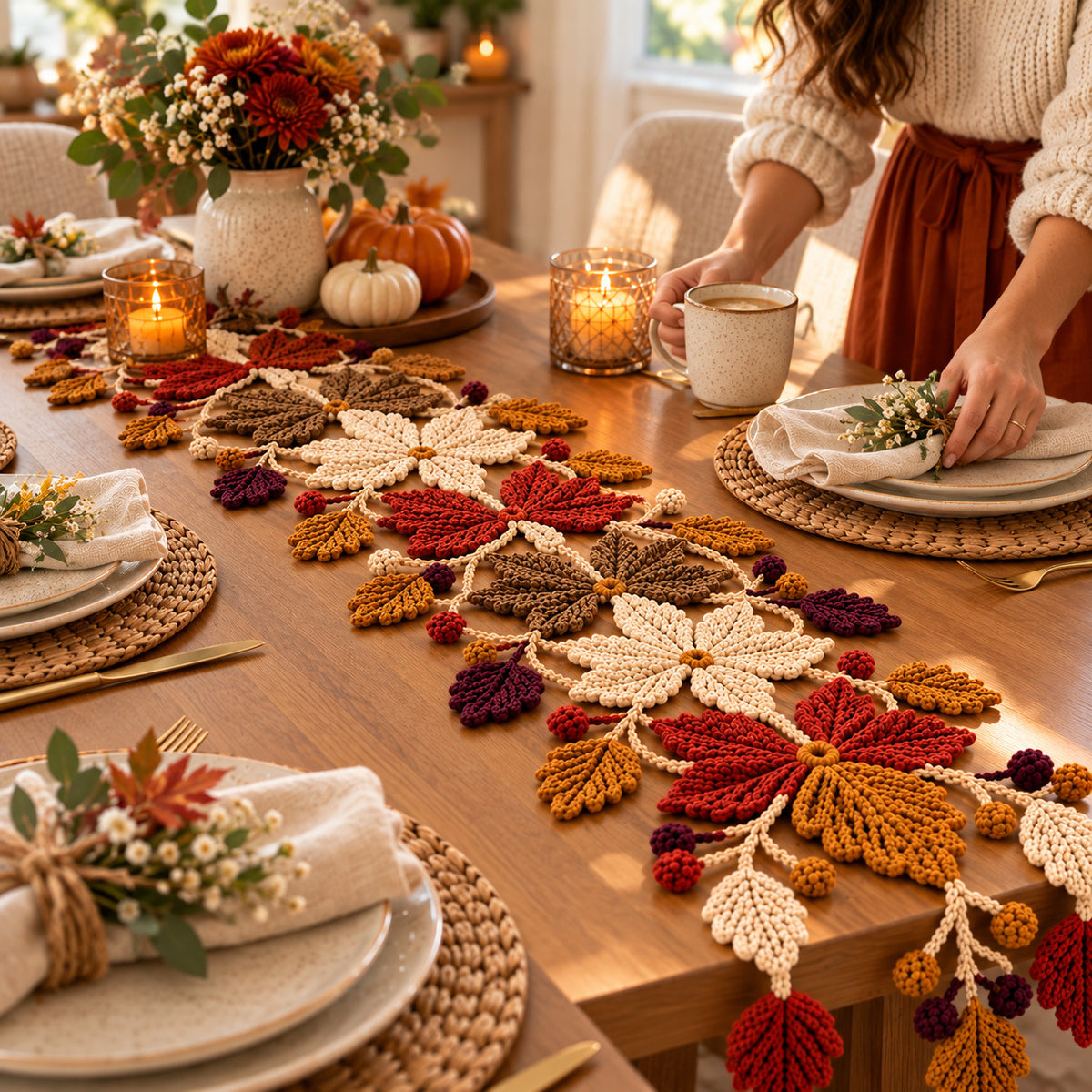 Crochet Autumn Floral Table Runner Pattern PDF | Fall Leaf & Berry Decor