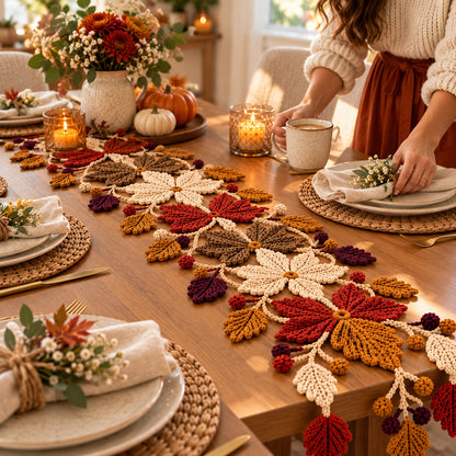 Crochet Autumn Floral Table Runner Pattern PDF | Fall Leaf & Berry Decor