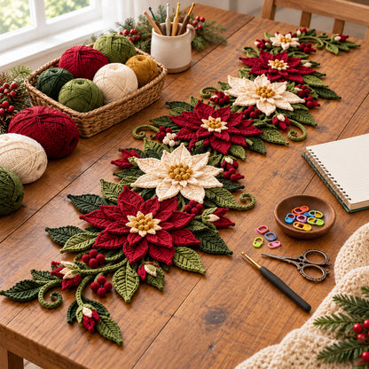 Poinsettia Snowflake Crochet Table Runner Pattern PDF – Christmas Decor