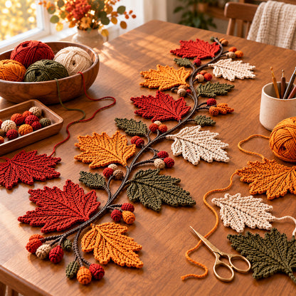 Autumn Maple Leaf Table Runner Crochet Pattern PDF – 6 Coasters Included
