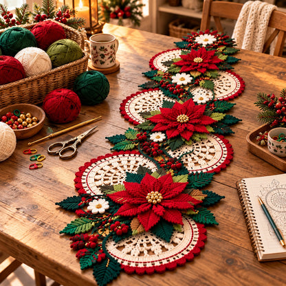 Christmas Poinsettia Table Runner Crochet Pattern PDF – 3D Floral Centerpiece
