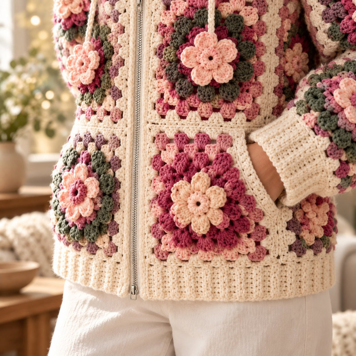3D Flower Granny Square Hoodie Crochet Pattern – Oversized Zip-Up Cardigan PDF