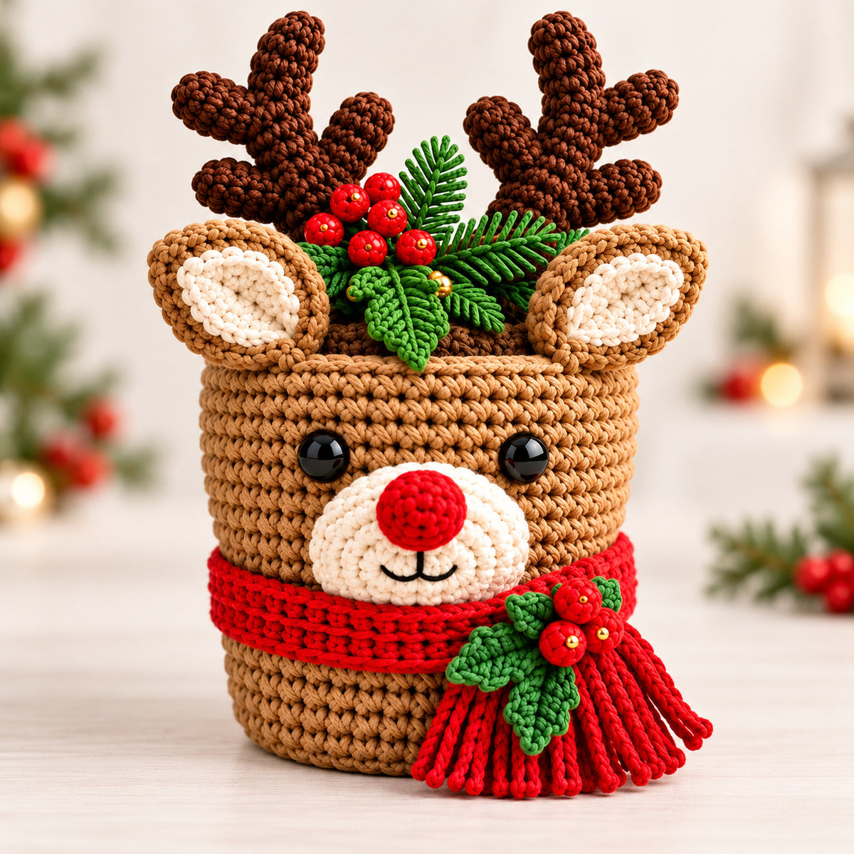 3 Christmas Crochet Pot Patterns Bundle PDF – Tree, Poinsettia & Reindeer