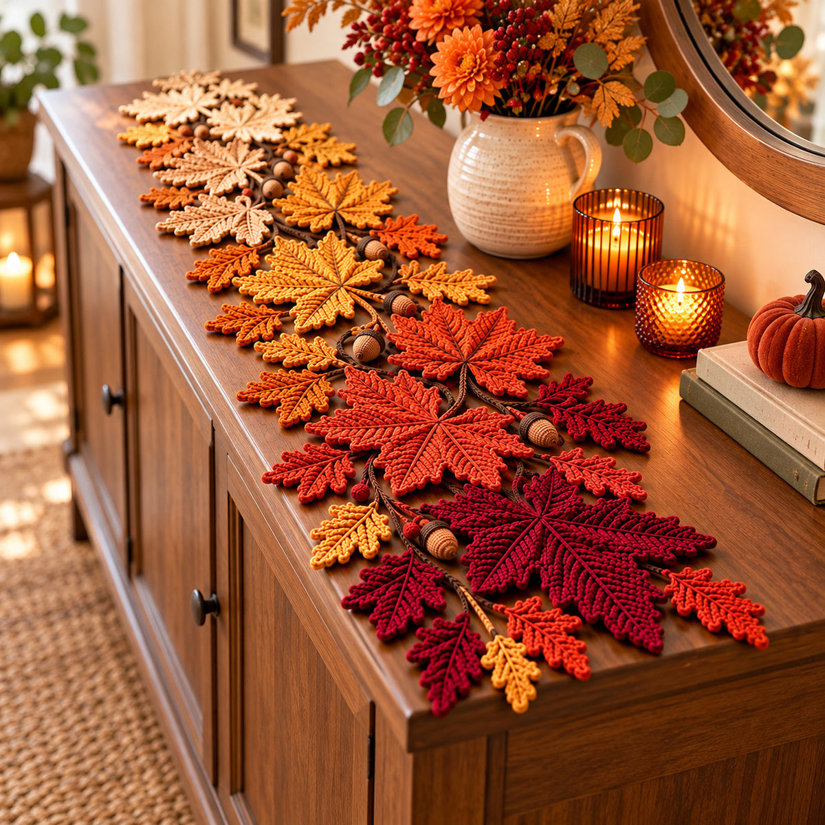 Autumn Leaves Table Runner Crochet Pattern PDF – Pumpkin Spice Gradient