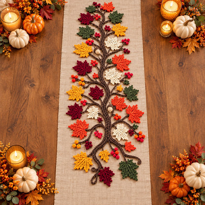 Autumn Tree Table Runner Crochet Pattern PDF – Maple Leaves, Berries & Acorns