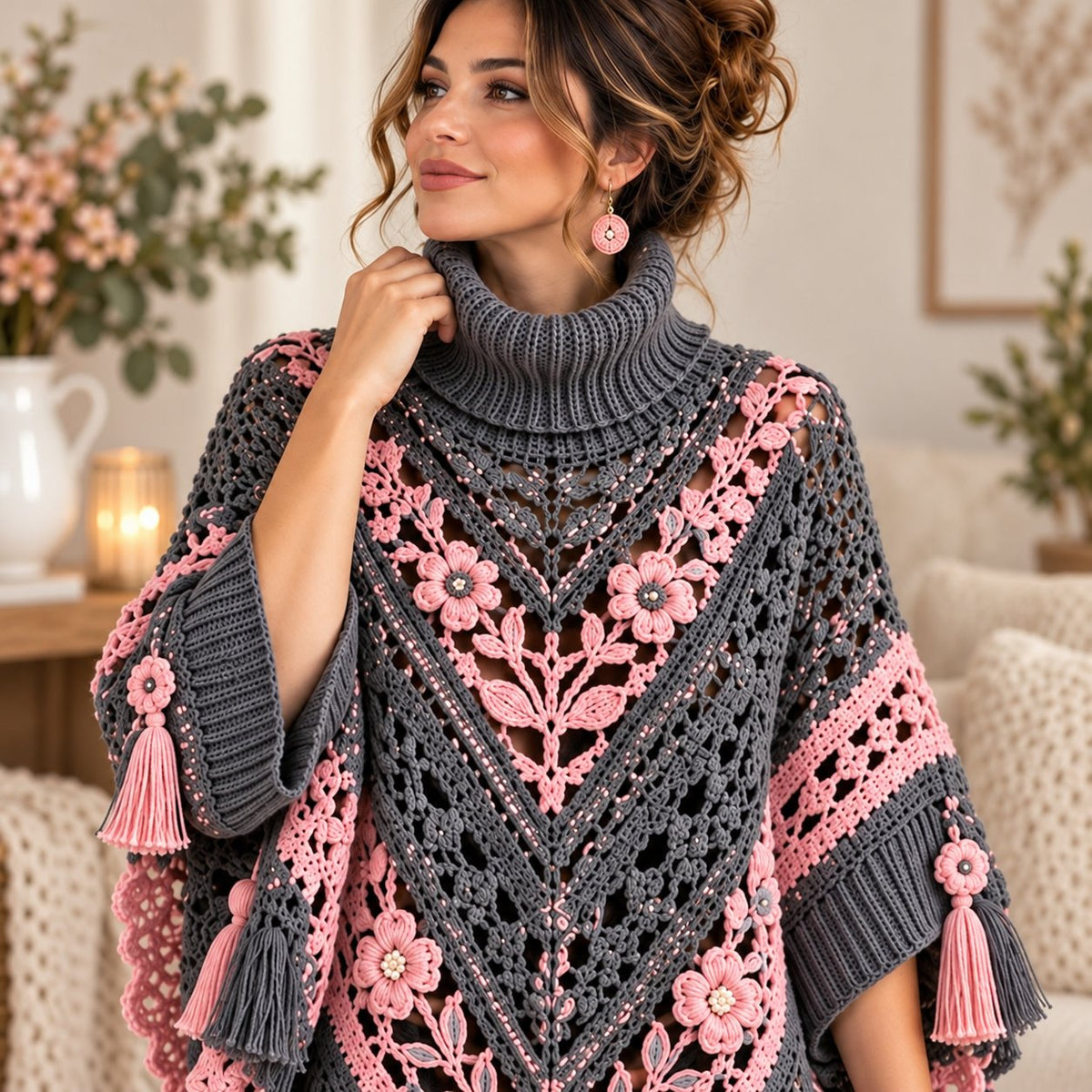 Floral Crochet Poncho Pattern PDF – Boho Cape with 3D Flowers & Tassel Fringe