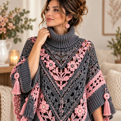Floral Crochet Poncho Pattern PDF – Boho Cape with 3D Flowers & Tassel Fringe