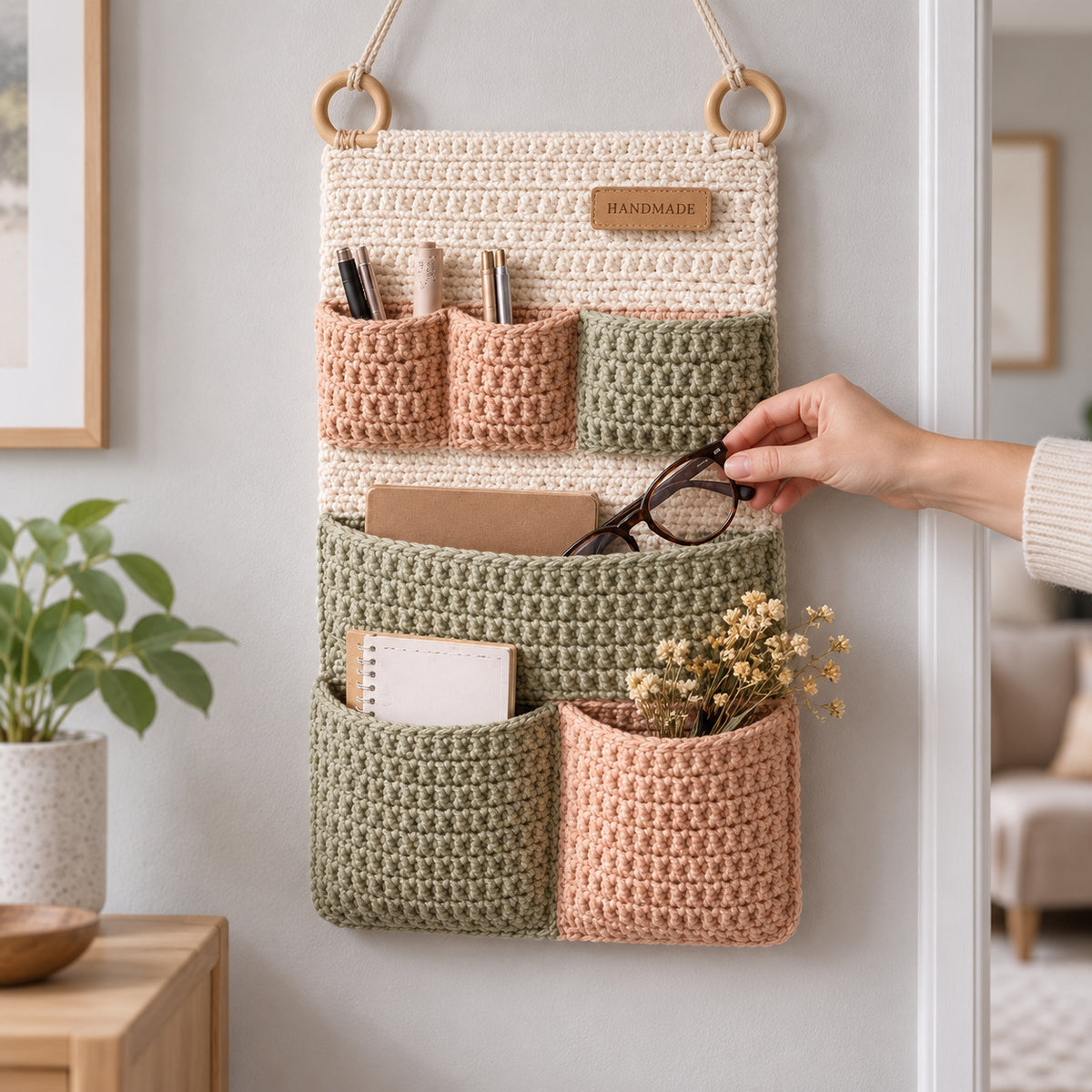 6 Pocket Crochet Wall Organizer Pattern PDF – Boho Hanging Storage