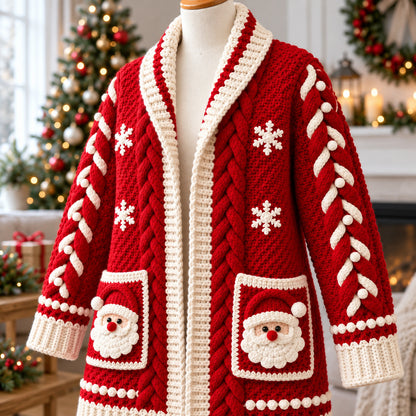 Christmas Santa Cable Cardigan Crochet Pattern PDF – Festive Sweater S–3XL