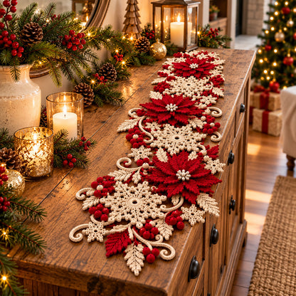 Poinsettia Snowflake Table Runner Crochet Pattern PDF – Christmas Table Decor