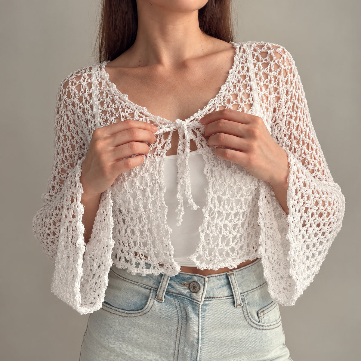 Angel Cardigan Crochet Pattern PDF – Made-to-Measure Sequin Mesh Tie Front