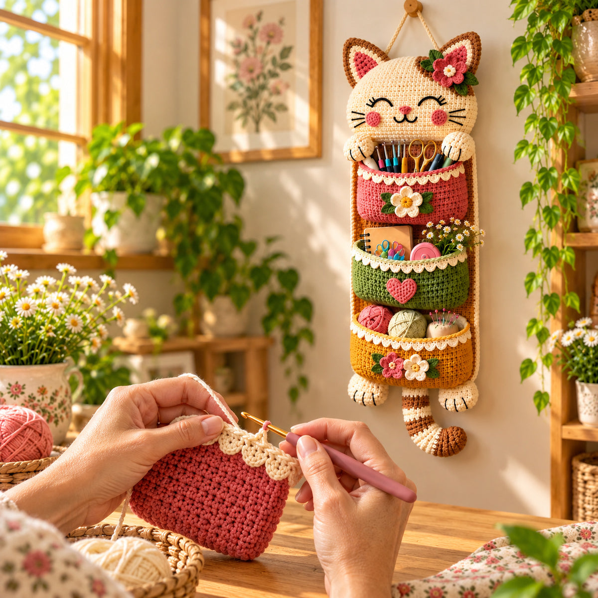 Crochet Cat Wall Organizer Pattern PDF – 3 Pocket Hanging Storage