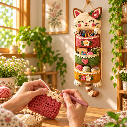 Crochet Cat Wall Organizer Pattern PDF – 3 Pocket Hanging Storage