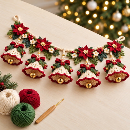 Christmas Bell Garland Crochet Pattern PDF – Poinsettia Holiday Decor