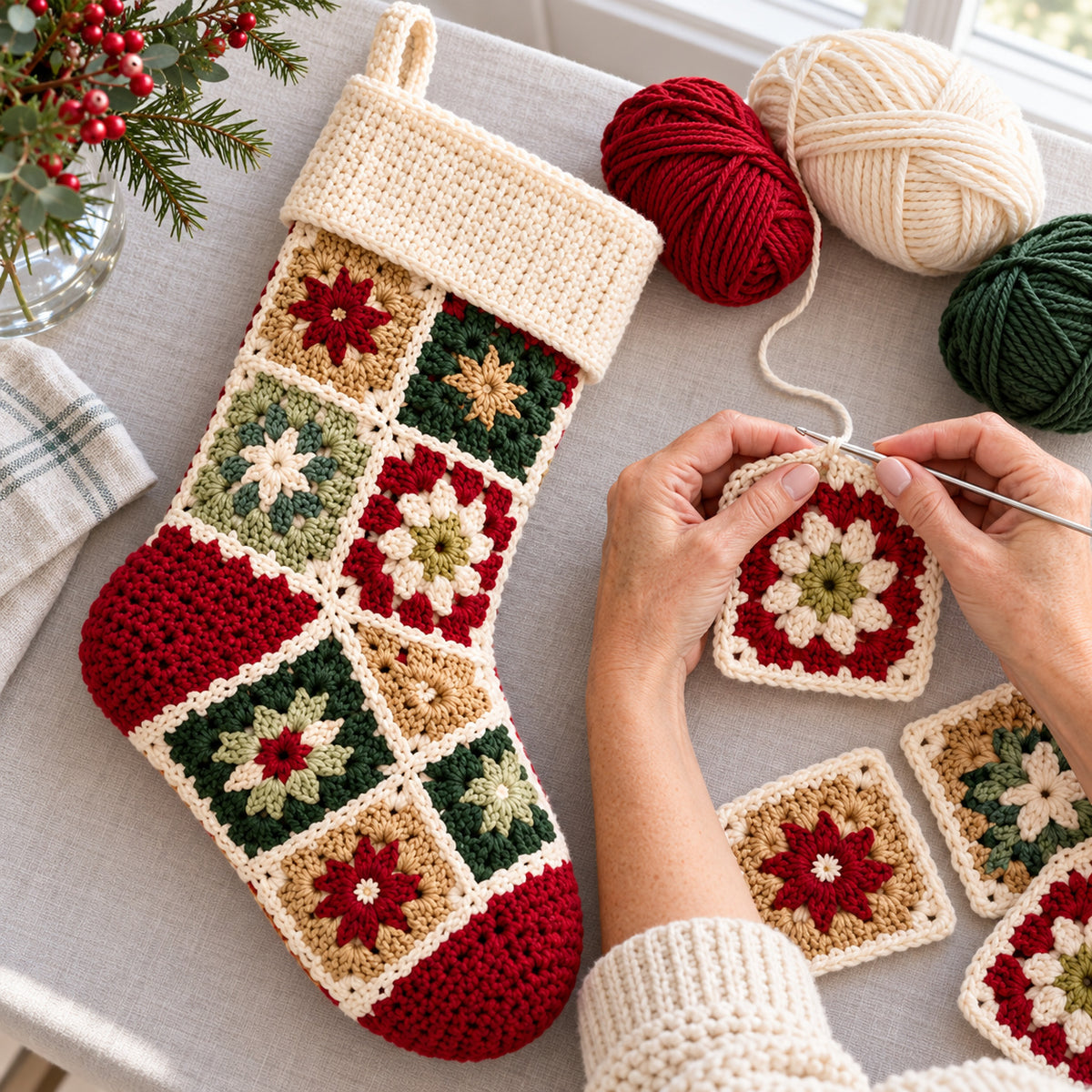 Personalized Granny Square Christmas Stocking Crochet Pattern PDF – 3 Sizes + A–Z Charts