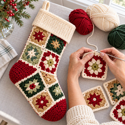 Personalized Granny Square Christmas Stocking Crochet Pattern PDF – 3 Sizes + A–Z Charts