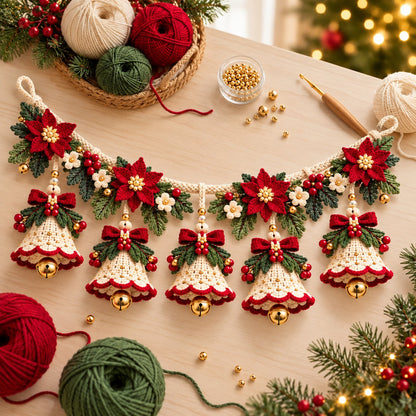 Christmas Bell Garland Crochet Pattern PDF – Poinsettia Holiday Decor