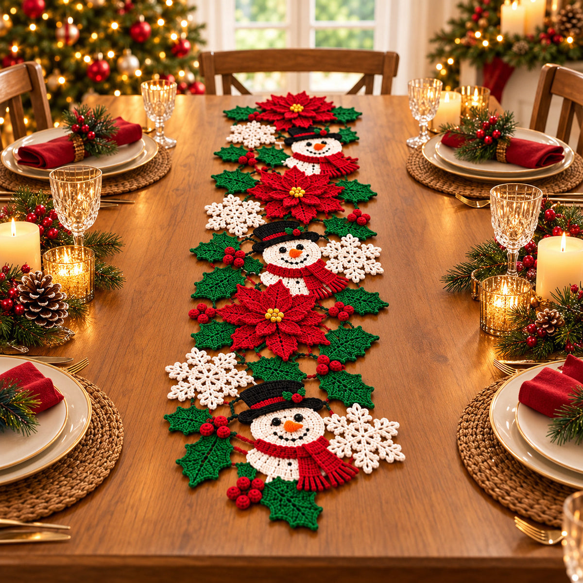 Christmas Table Runner Crochet Pattern PDF – Snowman, Poinsettia & Snowflake Decor