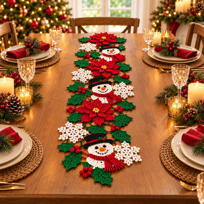 Christmas Table Runner Crochet Pattern PDF – Snowman, Poinsettia & Snowflake Decor