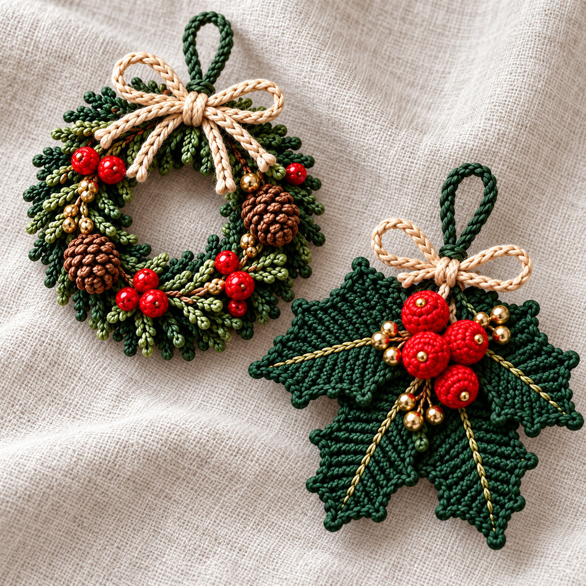 4 Christmas Ornament Crochet Patterns Bundle PDF – Pinecone, Spruce, Mistletoe & Holly