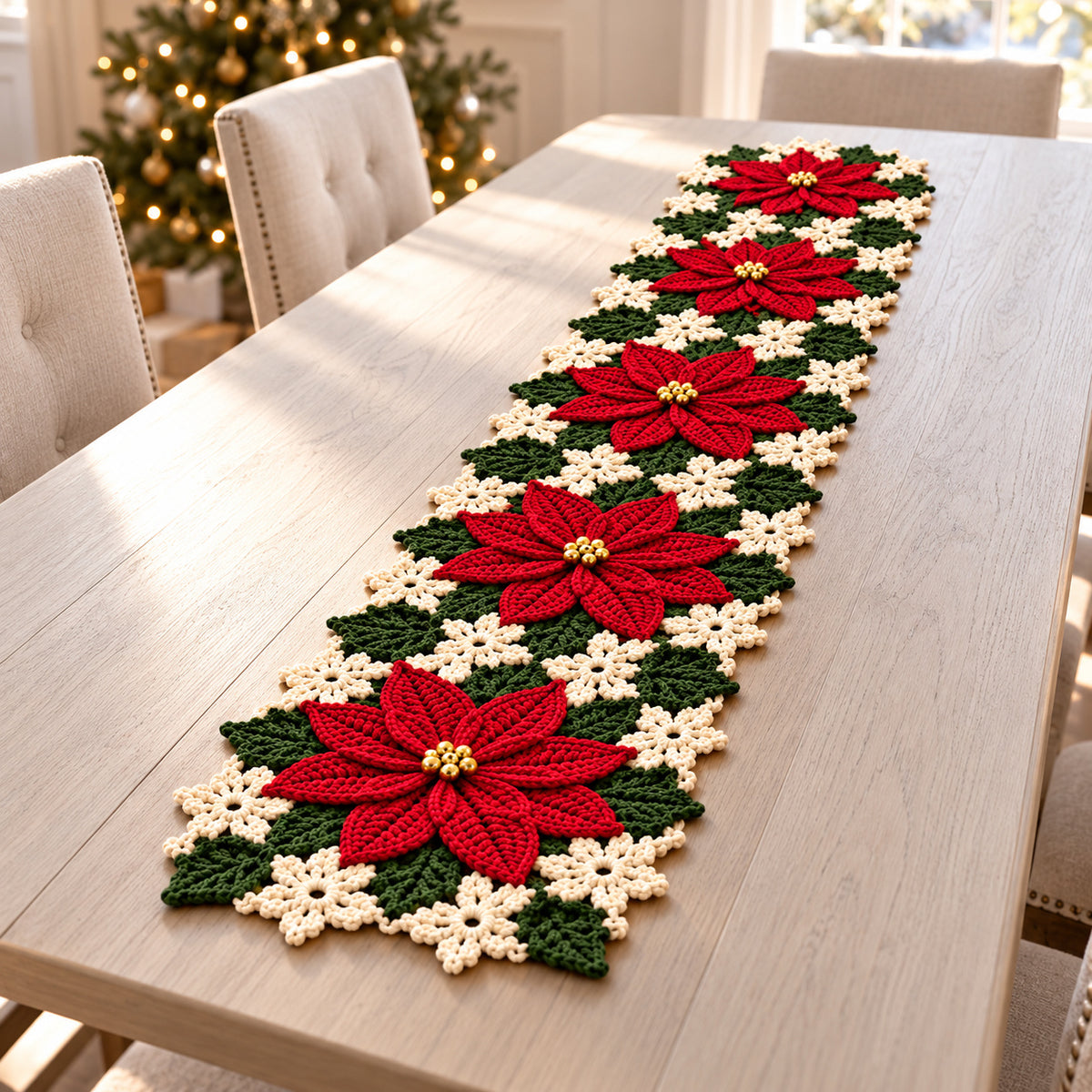 Poinsettia Table Runner Crochet Pattern PDF – Christmas Floral Table Decor