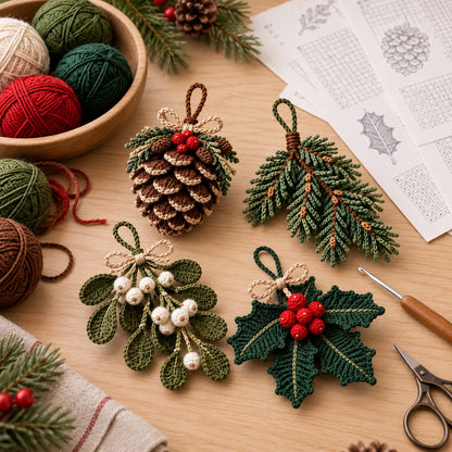 4-in-1 Christmas Botanical Ornament Crochet Pattern Bundle PDF – Pinecone, Spruce, Mistletoe & Holly