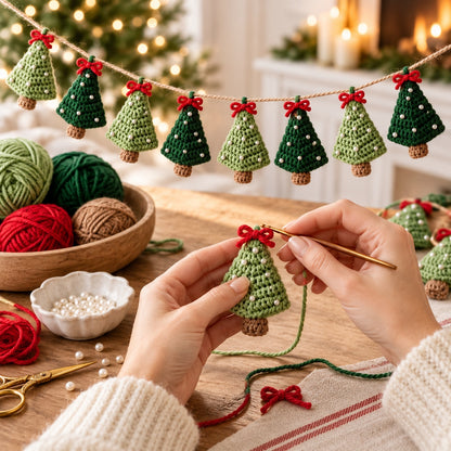 Mini Christmas Tree Garland Crochet Pattern PDF – Holiday Ornament Decor