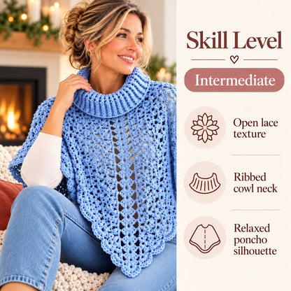 Turtleneck Poncho Crochet Pattern PDF – Cozy Lace Poncho with Pointed Hem