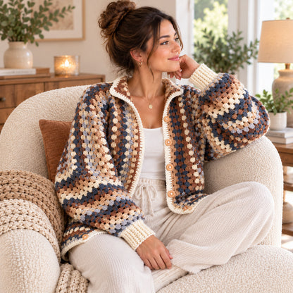 Granny Square Cardigan Crochet Pattern PDF – Oversized Boho Sweater XS–XXL