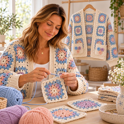 Floral Granny Square Cardigan Crochet Pattern PDF – Boho Pocket Sweater