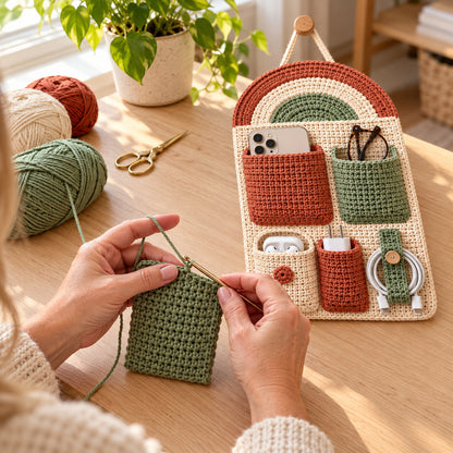 Crochet Wall Organizer Pattern PDF – 5 Pocket Bedside Storage