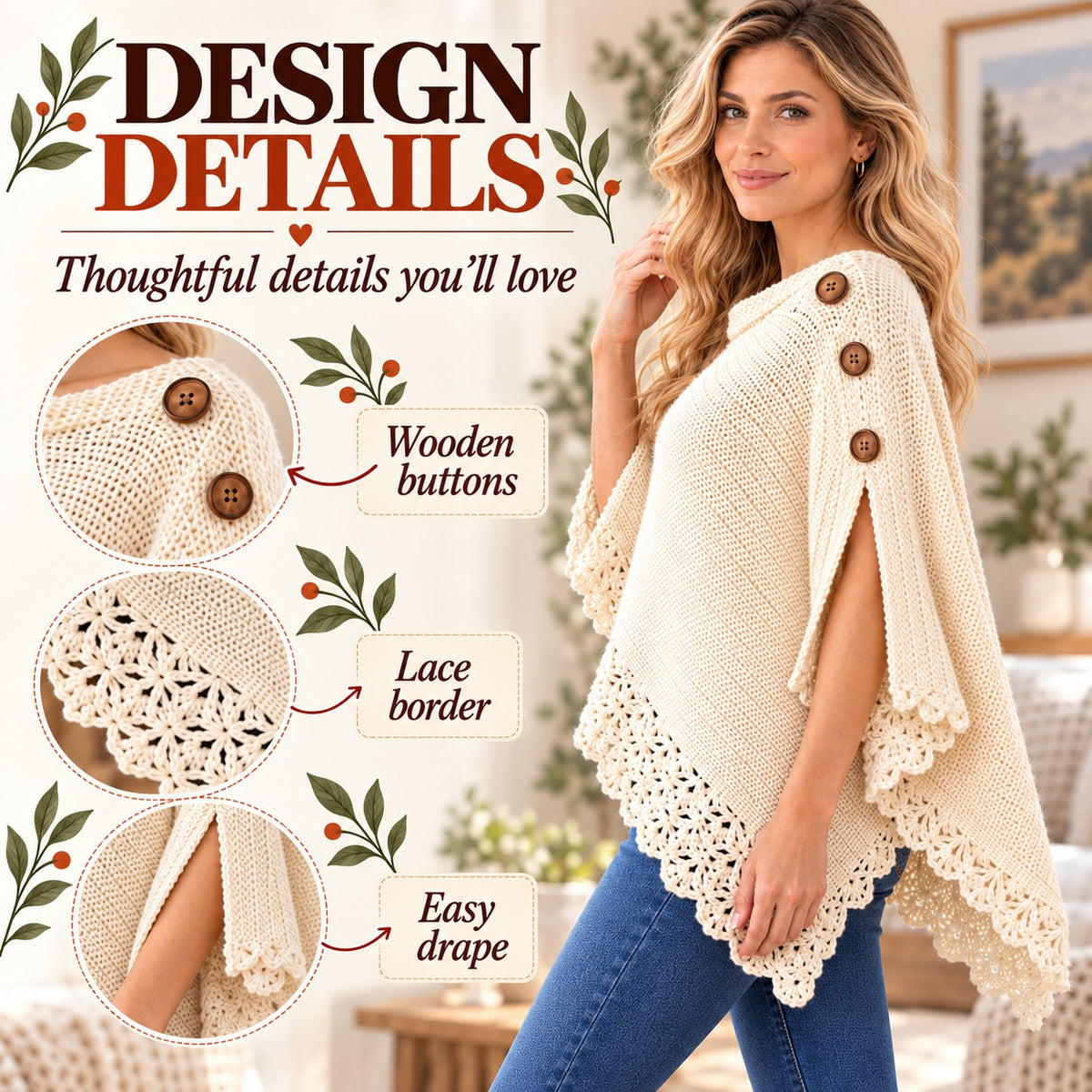 Uptown Poncho Crochet Pattern PDF – Easy Women’s Crochet Wrap with Button Detail & Lace Border
