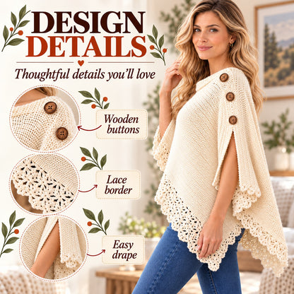 Uptown Poncho Crochet Pattern PDF – Easy Women’s Crochet Wrap with Button Detail & Lace Border