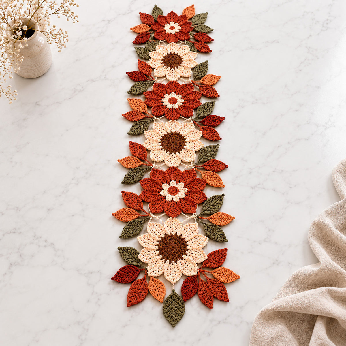 Crochet Table Runner Pattern PDF – Autumn Sunflower-Inspired Floral & Leaf Decor