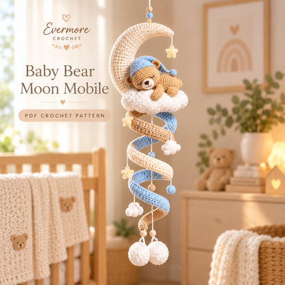Sleeping Teddy Bear Moon Crochet Pattern PDF – Cloud Spiral Hanging Decor