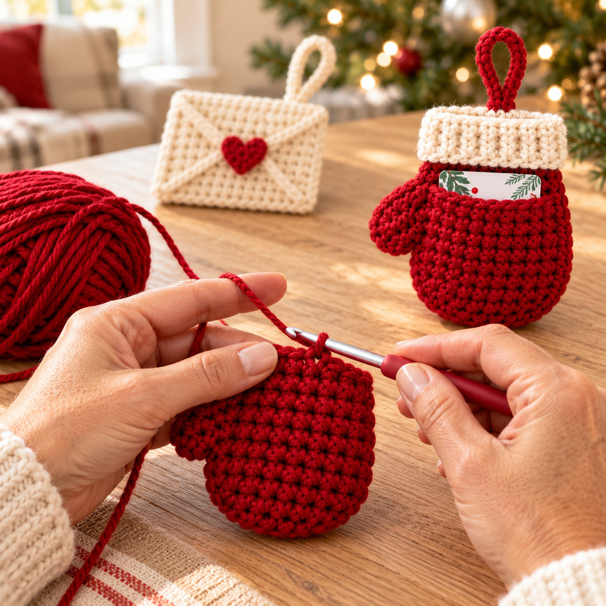 3 Christmas Gift Card Holder Crochet Patterns PDF – Heart, Mitten & Tree