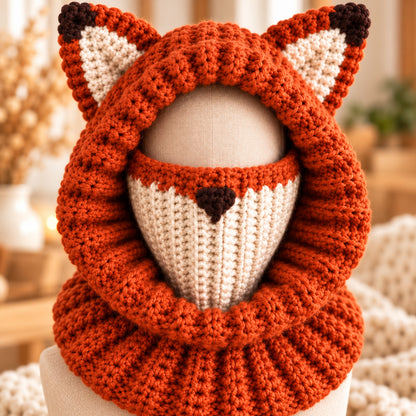 Fox Hooded Cowl Crochet Pattern PDF – Chunky Fox Ear Balaclava, Adult Size