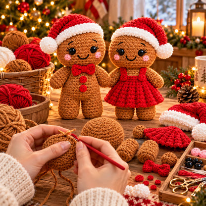 2 Gingerbread Christmas Doll Crochet Patterns PDF – Boy & Girl Santa Hat Couple