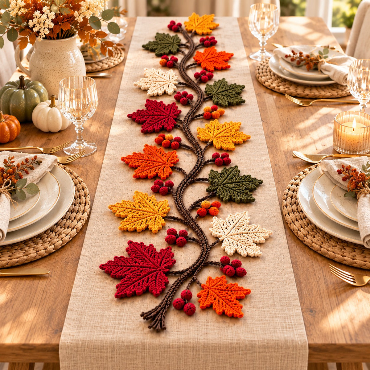 Autumn Maple Leaf Table Runner Crochet Pattern PDF – Fall Vine & Berry Decor