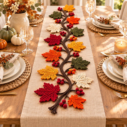 Autumn Maple Leaf Table Runner Crochet Pattern PDF – Fall Vine & Berry Decor