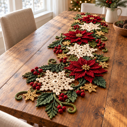 Christmas Poinsettia Snowflake Table Runner Crochet Pattern PDF – 68–72 in Holiday Centerpiece