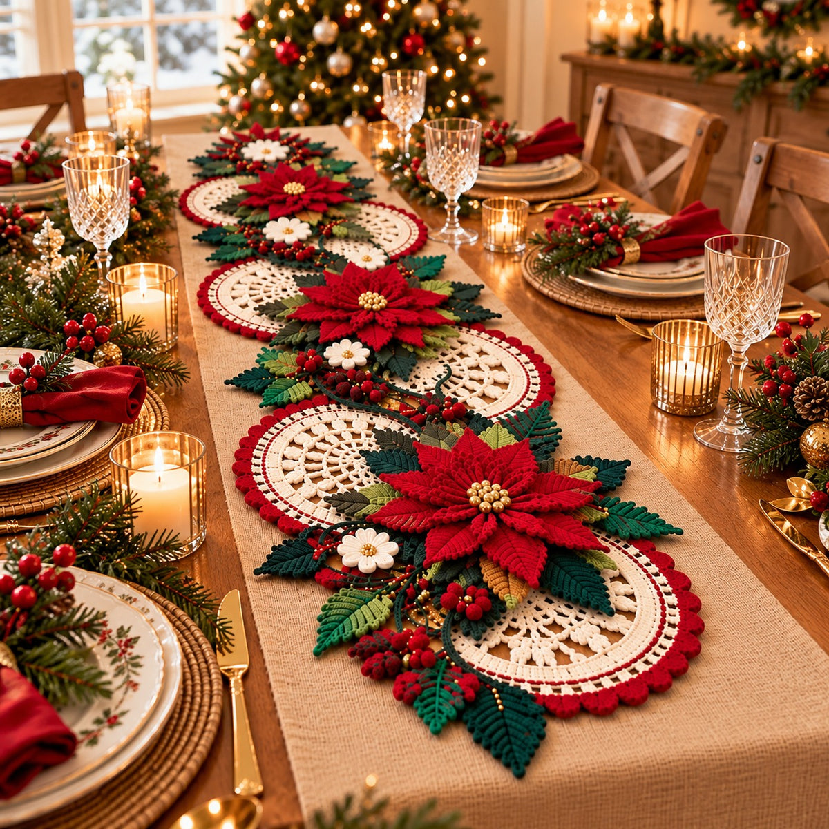 Christmas Poinsettia Table Runner Crochet Pattern PDF – 3D Floral Centerpiece