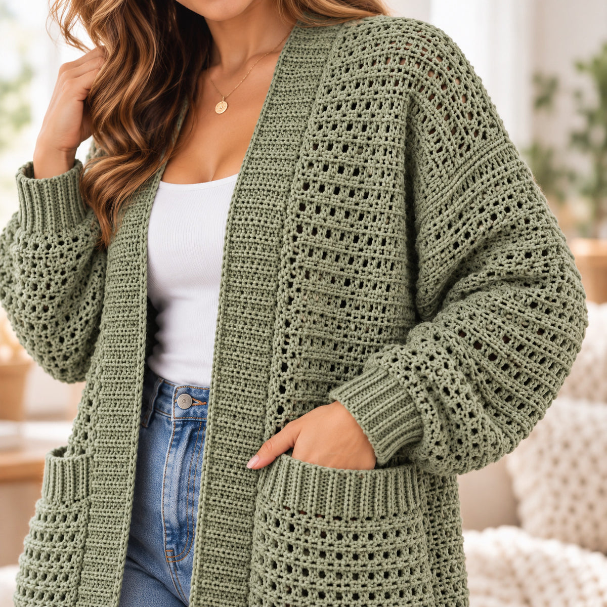 Willow Crochet Cardigan Pattern PDF – Open Front with Pockets, XS–3XL