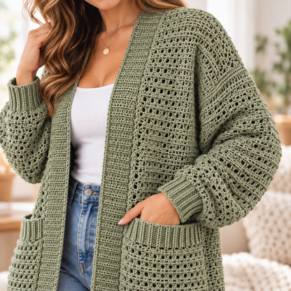 Willow Crochet Cardigan Pattern PDF – Open Front with Pockets, XS–3XL