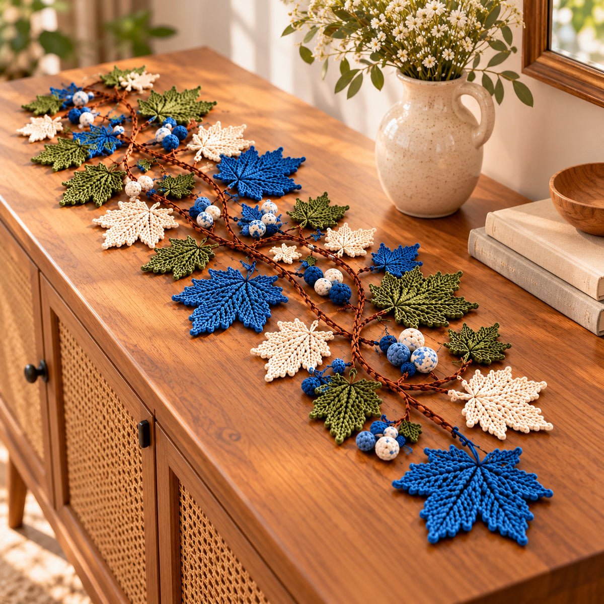 Handmade Crochet Maple Leaf Table Runner – Blue, Olive & Cream Fall Decor